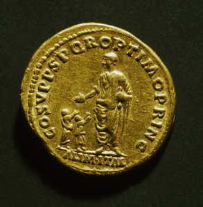 トラヤヌスの貧しい子供たちへの食糧配給を記念するアウレウス、西暦107年（金）